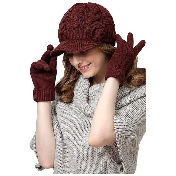 Womens Winter Elegant Cable Flower Hat Wine Cable Flower-hat Gloves Set - Picture 1 of 8